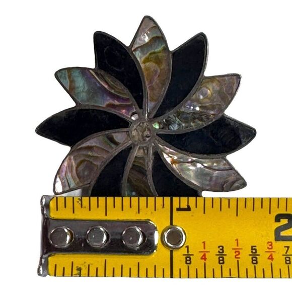 Vintage Sterling Pendant Taxco Starburst Abalone & Black Onyx Floral Pin Brooch - Picture 4 of 6